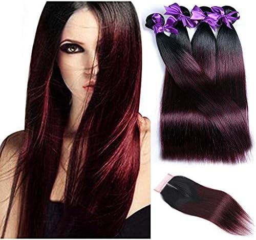 Comely Hair Purple Red Color Ombre Brazilian Hair Weave 4 Bundles With Closure 1B 99j/Burgundy Remy Human Hair Extension 8A Wine Red Ombre Straight Virgin Hair With Lace Closure (22 24 26 26+20)