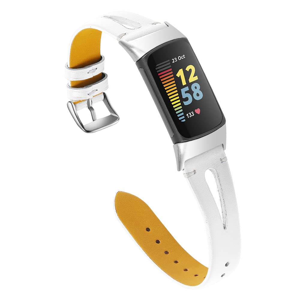 Gimuk Leather Strap Compatible with Fitbit Charge 5, Adjustable Replacement Strap Band Sport Fitness Wristband for Charge 5 Women Men (White)