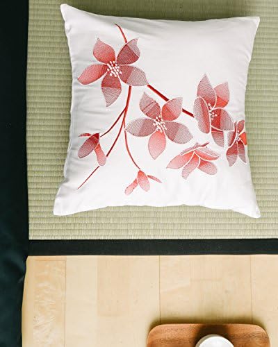 White, pink and red decorative pillow slip sham, small pillowcase 16"x16". Asian inspired embroidered decorative design featuring beautiful spring flowers