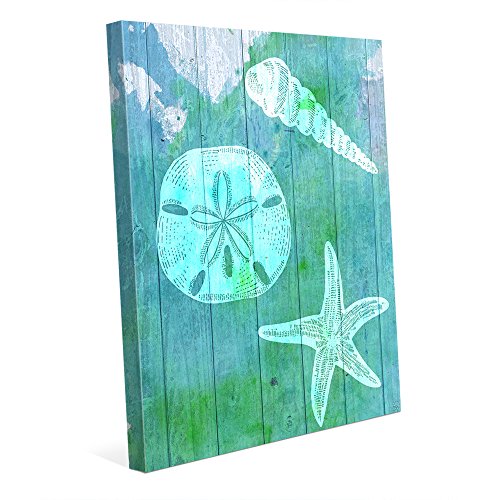 Sea Treasures Aqua Watercolor Painting of Spiral Seashell Sand Dollar & Starfish in Blue