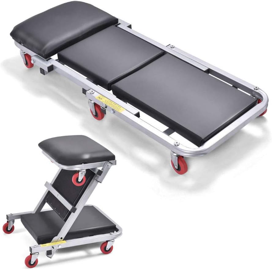 41" 2 in 1 Foldable Mechanics Z Creeper Seat Rolling Chair Garage Work Stool New