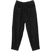 Minibee Women's Corduroy Baggy Pants Elastic Waist Loose Harem Pant Cotton Wide Leg Trousers with Pockets