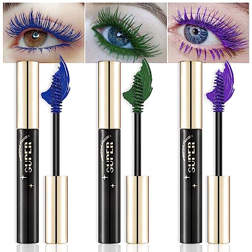 Colored Colorful Waterproof Mascara for Eyelashes Set,Blue White Black Brown Purple Long lasting Charming Voluminous Cruelty Free Vegan Eye Makeup (A-3Pcs 02#Blue&04#Green&08#Purple, A)