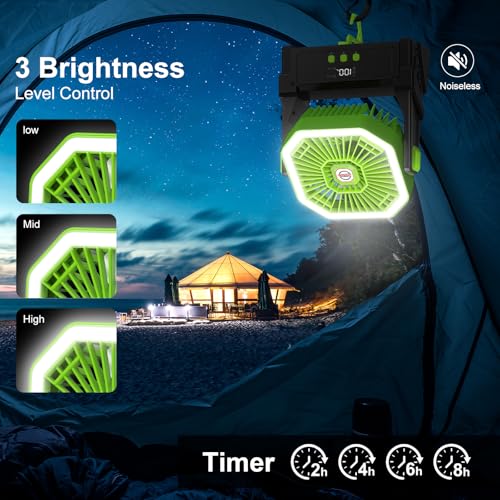 Astarama 10000mAh Solar Fan with 10W Solar Panel and Light, 4 Speed Battery Operated Fan with LED Display, Timer, Hanging Hook and 180° Adjustable Fan