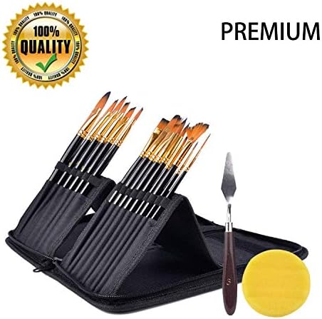 Artist Paint Brush Set,15 Different Shapes & Sizes – Free Painting Knife & Watercolor Sponge – No Shed Bristles – Wood Handles – for Body Paint, Acrylics & Oil(Black)