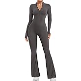 YEOREO Women Long Sleeve Flare Workout Jumpsuit Zip Up Romper Bottom Pants Wide Leg Bodysuit Bodycon Sexy One Piece