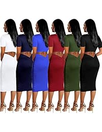 Vestidos midi ajustados de mujer Choichic - Elegante vestido de verano de manga corta con cuello redondo y escote redondo