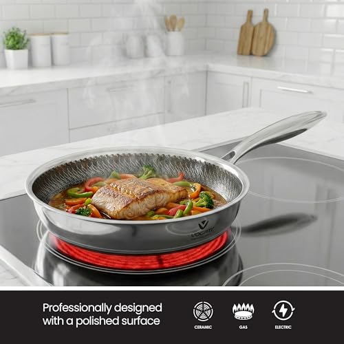VOGATI FRY PAN 24CM TRY-PLY STAINLESS STEEL (3 LITRES) WITH GLASS LID -WELDED HANDLE-INDUCTION COMPATIBLE COVERED PAN-SHALLOW CASSEROLE - (100% PFOA FREE) (3 Litres)