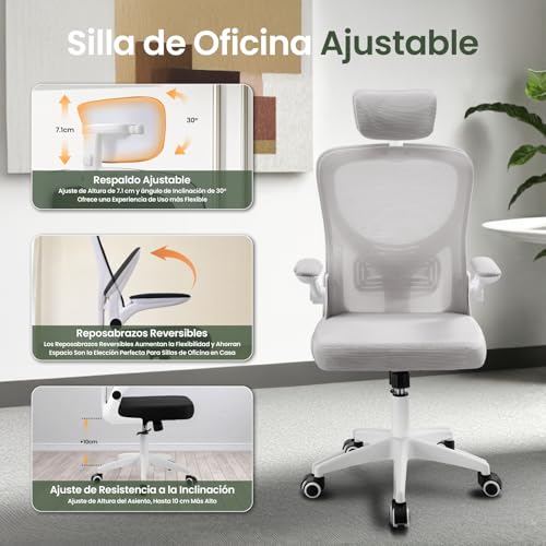 OSLIFE Silla Oficina con Altura Ajustable，con Función de Bloqueo de Inclinación Silla Ergonomica Escritorio，Respaldo Alto, Soporte Lumbar, Reposacabezas Ajustable, con Ruedas Silla Gamer (Gris)
