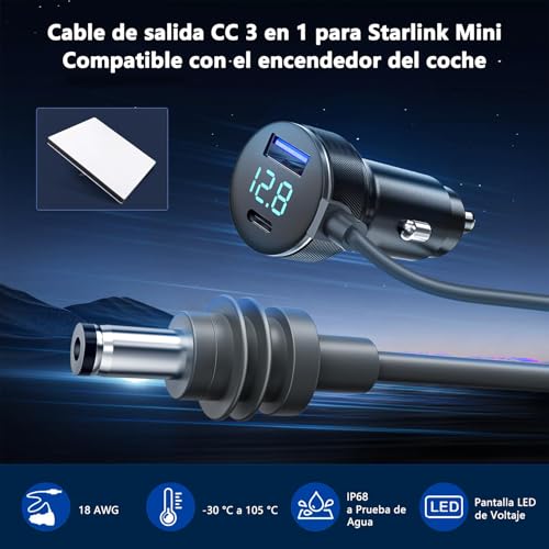3 en 1 Cable de Alimentación CC para Starlink Mini, Adaptador para Encendedor de 12V-48V con Pantalla Digital, Puertos Tipo C PD de 35W y USB A de 30 W, Ideal para Camiones y Coches (5 metros, 18AWG)