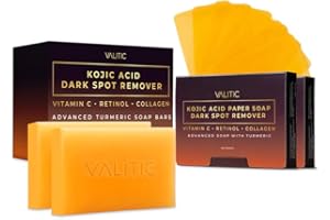 VALITIC Kojic Acid and Turmeric Dark Spot Corrector Soap – Skin Care Beauty Set Gift - Cleansing Duo Kit 2 Soap Bars and 200 Melting Paper Sheets - Infused with Vitamin C, Retinol and Collagen