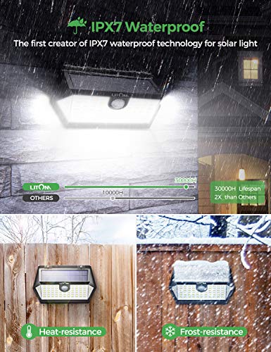 LITOM Solar Lights Outdoor with Remote Control, 3 Lighting Modes, 270°Wide Angle, IP67 Waterproof, Easy-to-Install Security Lights for Front Door, Yard, Garage, Deck, Fence-2 Pack