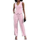 Women's 2 Piece Outfits Elegant Blazer Vest Pockets Wide Leg Pant Suit Casual Matching Set