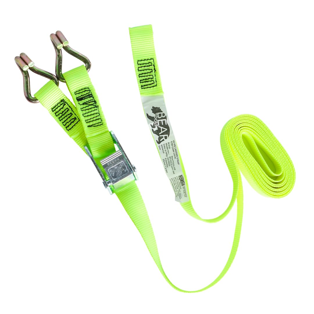 BearTOOLS 3 Meter Hi-Vis Ladder Strap C/W Cam Lock - Ladder Straps for Safety - Cam Lock Connector, Stabiliser for Work Ladders - Avoid Slips & Accidents When Working At Height