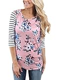Dearlovers Women Striped Print 3 4 Sleeve Fitted Floral Tops Blouse X-Large Size Pink