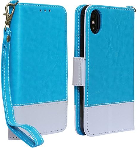 iPhone X Wallet Case Leather Folio, Soft Slim Fit Inner Case and Tempered Glass, Wireless Charging, Folding Kickstand, Card Slot Holder, Mefon Magnetic Flip Wallet Cover for Apple iPhone X - Blue Teal