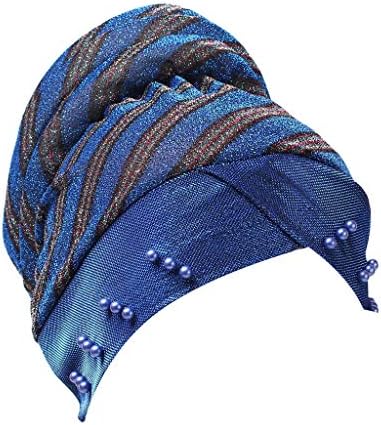 Women Muslim Colorblock Striped Beaded Headband Cap,Babymomo Stretch Turban Hat Chemo Cap Hair Loss Head Scarf Wrap Hat