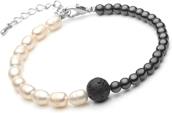 Crystaltears Bracelet Moitie Perle Blanche Moitie Pierre D Aimant Grande Pierre De Lave Noir Ajustable Femme Homme Famille Amoureux Amis Cadeau Pour Fete Noel Anniversaire Amazon Fr Bijoux