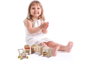 PlanToys Nursery - Wooden Dollhouse Accessories Featuring Baby Figure, Stroller, and Furniture Pieces.