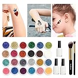 Glitter Tattoo Kit,DANCINGNAIL Temporary Glitter Tattoo Make Up Body Glitter Body Art Design For kids Teenager Adult,with 24 Colors of Glitters,108 Sheet Uniquely Themed Tattoo Stencil