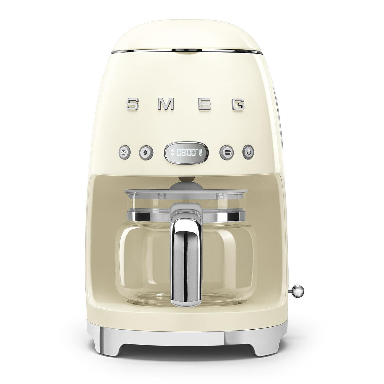 Smeg Cafetera de goteo estética de estilo retro de los años 50 con jarra de vidrio para 10 tazas, función de inicio automático, plato para mantener caliente y dos configuraciones de intensidad del café (crema)