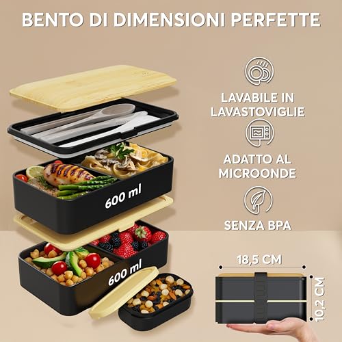 Umami Airtight Lunch Box with 4 Compartments and Cutlery, Safe for Microwave, Dishwasher, Office Lunch Box, Bento Lunchbox, Leak Proof for Adults, Lunch Box, Black and Beige, 1200 ml