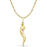 14K Yellow Gold Twisted Cornicello Italian Fortune Horn Charm Pendant with 1.2mm Singapore Chain Necklace