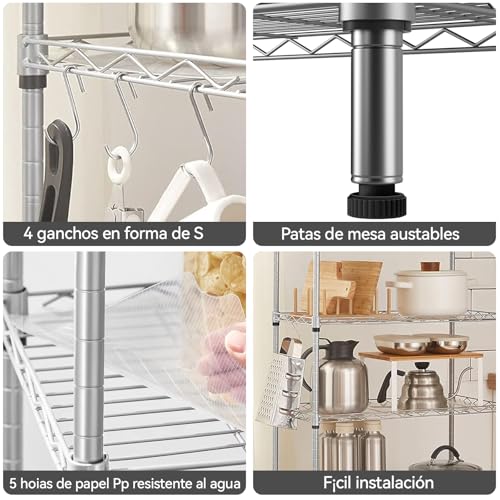 【Expandible】Estante de Almacenamiento de Metal de 5 Niveles(55x30x150CM), Estante Organizador Resistente, Rack Organizador Ajustable, Anaquel, 4 S-Ganchos, Cocina, Oficina, Despensa, Microondas(Plata)