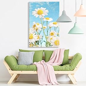 Canvas Wall Art - Vintage Style Yellow and White Flowers Against Blue Clear Sky - Giclee Print Gallery Wrap Modern Home Art Ready to Hang - 12x18 inches