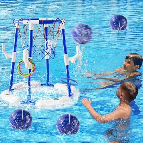 Uniiking® Pool Basketball Hoop Toys for Adult, Summer Outdoor Swimming Pool Games Water Play Toys Family Party for Kids, 2 in1 Pool Basketball Hoop & Ring Game with 4 Balls 12 Rings & Pump, Blue