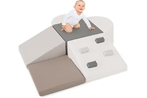 OLAKIDS Climbing Toys for Toddlers, 6 Pieces Baby Foam Blocks Soft Play Set with PU Leather, Indoor Kids Climb and Crawl Slid