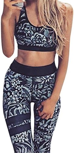 Uskincare 2 Piece Women's Yoga Suits Yoga Clothing Leggings Sports Bra Sportswear (M, Black & Flowers)