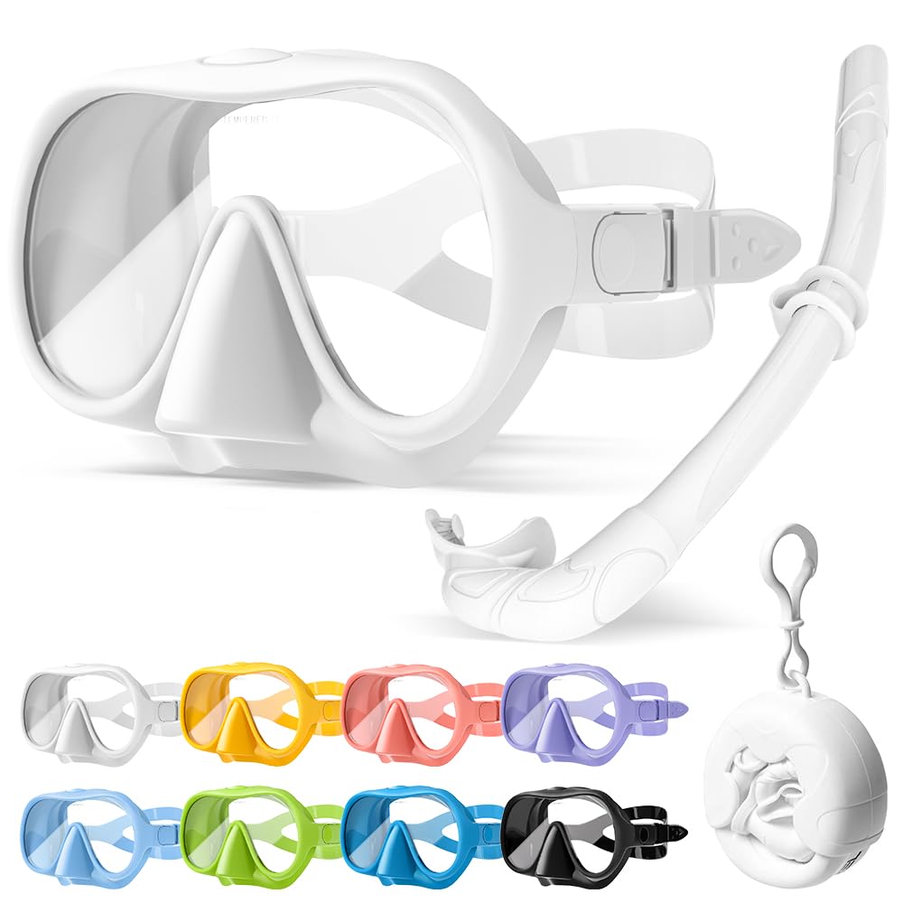 HINATAA Snorkel Set Adults, Fashionable Macaron Colors Frameless Snorkeling Mask, Ultra Wide View Anti-Fog Snorkel Mask Set, Portable Professional Diving Snorkeling Set (White)