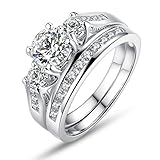 BISAER Bamoer 2 Pieces 18K White Gold Plated Princess Style Big Round Cubic Zirconia Crystal Solitaire 3 Stone Engagement Ring Wedding Band for Women Girls Sizes 7