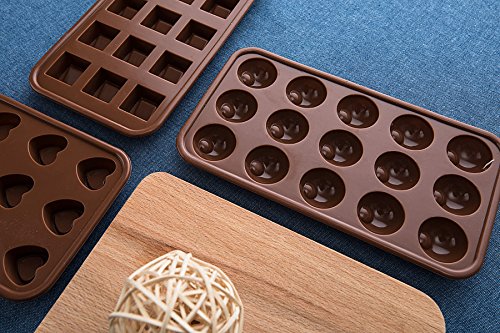 Aokinle Silicone Chocolate Molds,Non-Stick Candy Molds,BPA Free,Mini Ice Tray Molds,Square,Hearts&Round Baking Molds Set of 3