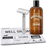 Manscaping Shaving Bundle, Includes - Mens Double Edged Safety Razor blade with Built in Guard and Ball Deodorant + Free Disposable Shaving Mat