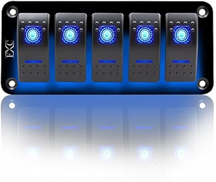 Fxc Rocker Switch Aluminum Panel 5 Gang Toggle Switches Dash 5 Pin On Off 2 Led Backlit For Boat Car Marine Blue