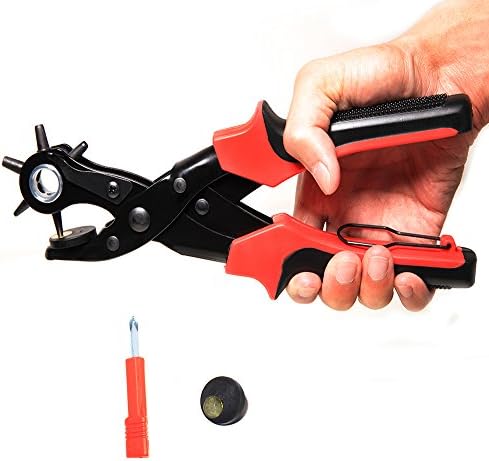 Homto Labor-saving Leather Belt Hole Punch 6 Size Head Revolves (0.079 to 0.177in) with Screwdriver Plier Tool Kits Puncher for Punching Belts Card Rubber etc(Heavy Duty,Massage Brush Non-slip Handle)