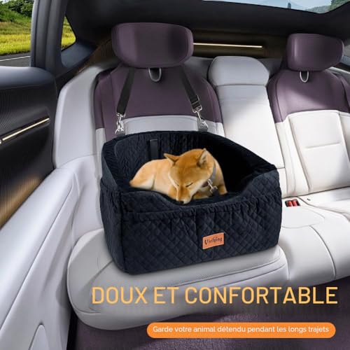 Vivifying Car Seat for Small Dogs, Removable and Washable Booster Seat for Pets up to 10 kg - Travel Bed with Storage Compartments and Seat Belt (Black)