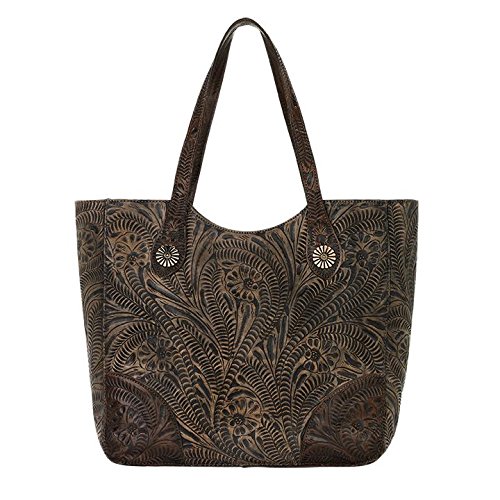 American West Annie's Secret Collection Large Zip Top Tote with Secret Compartment, Distressed Charcoal Brown/Chestnut Brown