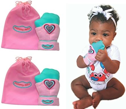 Yummy Mitt Teething Mitten (Non-Glow) PINK- Only Certified Cotton Teething Mitten- Self-Soothing Entertainment and Gives Pain Relief from Teething plus it’s an Ideal Baby Shower Gift -SET OF TWO