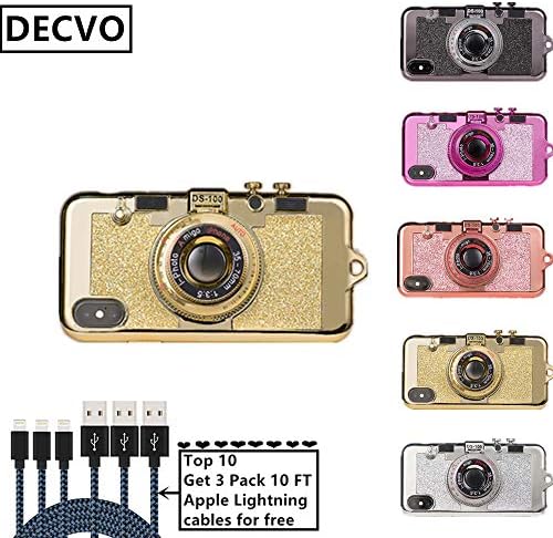 DECVO iPhone Xs Max case, New Modern 3D Cool Vintage Style Bling Camera Design Soft Case PC + Silicone Cover with A Mirror & Long Strap Rope for 6.5" Apple iPhone Xs Max for Women (Gold)