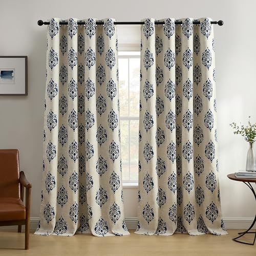 Threadmade Navara Medallion Room Darkening Window Curtain, Navy - 52" W x 95" L