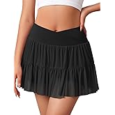 OQQ Women's Mini Skirts 2 in 1 Mesh Flowy Pleated V-Shaped Crossover Waistband Casual A-Line Skirt with Pockets