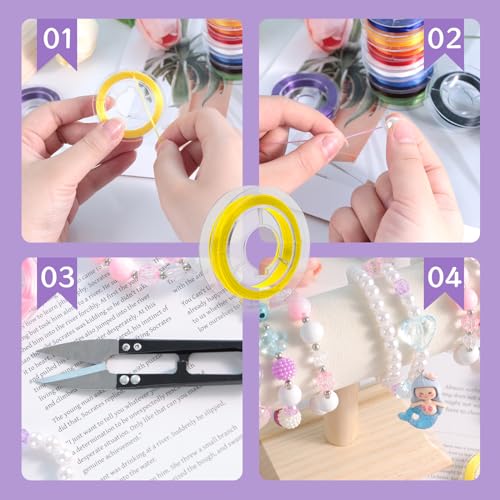 VGOODALL 12 Rolls Flat Elastic String Cord, Multicolor Knot Elastic String with U Scissors for Jewelry Making Bracelet Making