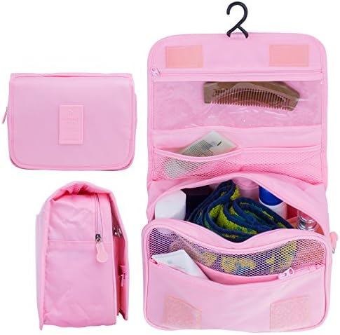 Yoonsic Portable waterproof Toiletry Bag Travel Bag Travel Organizer for Women Makeup Cosmetic or Men Shaving Kit with Hanging Hook - Bonus Travel Containers for Shampoo Bodywash Cosmetic (pink)