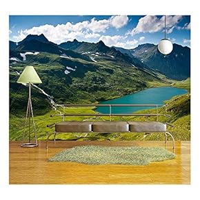 Mountain Landscape in Green Wally with Crystal River, in Caucasian Mountains. - Removable Wall Mural | Self-Adhesive Large Wallpaper - 66x96 inches