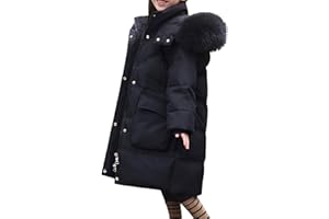 Girls Long Parka Down Coats Winter Faux-Fur Hood Thick Warm Puffer Jacket Kids Knee Length Quilted Padded Outerwear