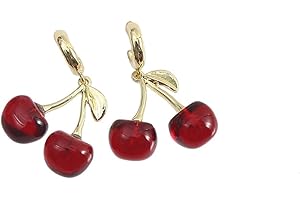 LIU JUN Cherry Earrings For Women, Red Funny Drop Dangle Hoop 18k Gold Plated Fruit Charm Leaf Cute Aesthetic Gift Jewelry