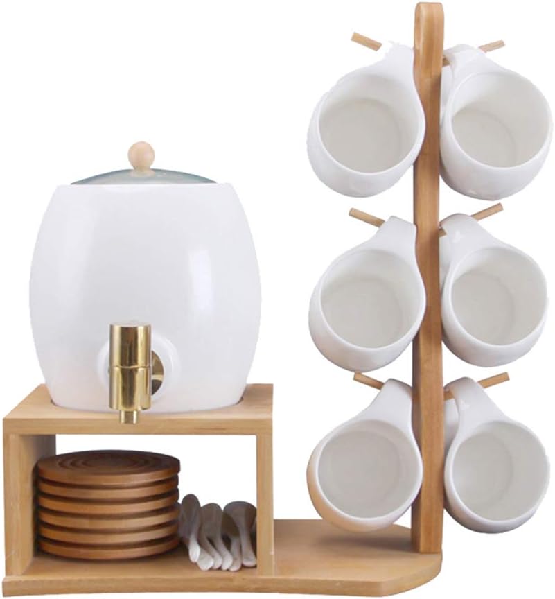 Ceramic Beverage Dispenser, with Faucet Juice Cold Drink Bucket - with Bamboo Holder and Cup Hook Set - For Home and Office